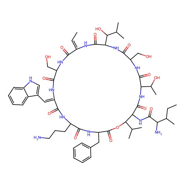 2D Structure of 2-amino-N-[6-(3-aminopropyl)-3-benzyl-15-ethylidene-24-(1-hydroxyethyl)-12,21-bis(hydroxymethyl)-18-(1-hydroxy-2-methylpropyl)-9-(1H-indol-3-ylmethylidene)-2,5,8,11,14,17,20,23,26-nonaoxo-28-propan-2-yl-1-oxa-4,7,10,13,16,19,22,25-octazacyclooctacos-27-yl]-3-methylpentanamide