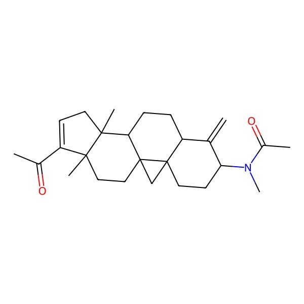 2D Structure of N-[(1S,3R,6S,8R,11S,12S,16S)-15-acetyl-12,16-dimethyl-7-methylidene-6-pentacyclo[9.7.0.01,3.03,8.012,16]octadec-14-enyl]-N-methylacetamide