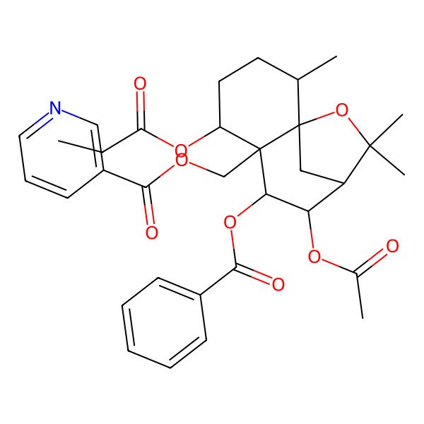 2D Structure of [(1S,2R,5R,6R,7S,8S,9S)-8-acetyloxy-7-benzoyloxy-2,10,10-trimethyl-5-propanoyloxy-11-oxatricyclo[7.2.1.01,6]dodecan-6-yl]methyl pyridine-3-carboxylate