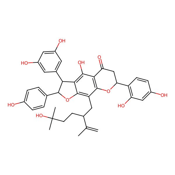 2D Structure of (2S,3S,7S)-7-(2,4-dihydroxyphenyl)-3-(3,5-dihydroxyphenyl)-4-hydroxy-9-(5-hydroxy-5-methyl-2-prop-1-en-2-ylhexyl)-2-(4-hydroxyphenyl)-2,3,6,7-tetrahydrofuro[3,2-g]chromen-5-one