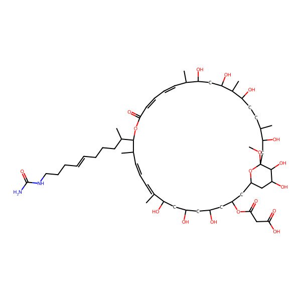 2D Structure of 3-[[15-[10-(Carbamoylamino)dec-6-en-2-yl]-5,7,9,23,25,27,31,34,35-nonahydroxy-33-methoxy-10,14,22,26,30-pentamethyl-17-oxo-16,37-dioxabicyclo[31.3.1]heptatriaconta-10,12,18,20-tetraen-3-yl]oxy]-3-oxopropanoic acid