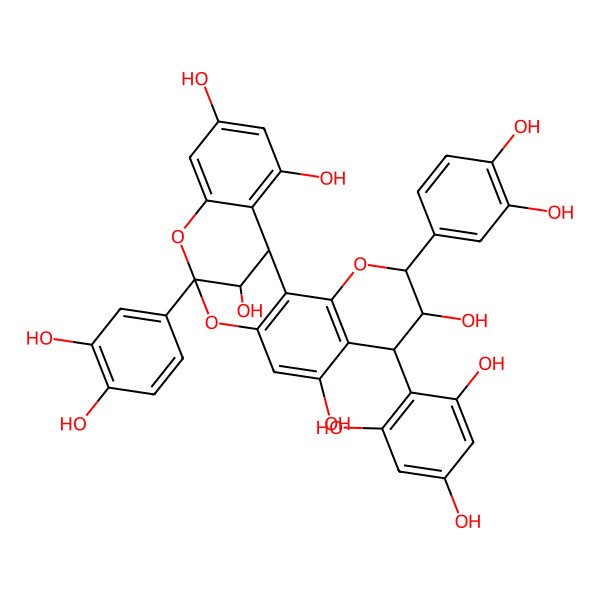 2D Structure of (1R,5R,6R,7S,13S,21R)-5,13-bis(3,4-dihydroxyphenyl)-7-(2,4,6-trihydroxyphenyl)-4,12,14-trioxapentacyclo[11.7.1.02,11.03,8.015,20]henicosa-2(11),3(8),9,15,17,19-hexaene-6,9,17,19,21-pentol