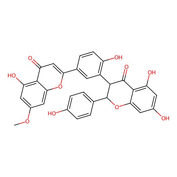 2D Structure of 2-[3-[(2S,3R)-5,7-dihydroxy-2-(4-hydroxyphenyl)-4-oxo-2,3-dihydrochromen-3-yl]-4-hydroxyphenyl]-5-hydroxy-7-methoxychromen-4-one