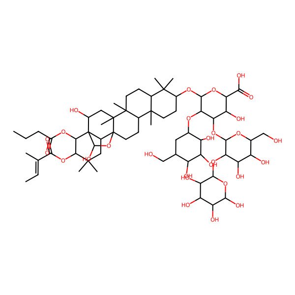 2D Structure of (2S,3S,4S,5R,6R)-6-[[(1R,2R,4S,5R,8R,10S,13R,14R,17S,18R,21R,22R,23S)-22-butanoyloxy-2,23-dihydroxy-4,5,9,9,13,20,20-heptamethyl-21-[(Z)-2-methylbut-2-enoyl]oxy-24-oxahexacyclo[15.5.2.01,18.04,17.05,14.08,13]tetracosan-10-yl]oxy]-4-[(2S,3S,4S,5R,6R)-4,5-dihydroxy-6-(hydroxymethyl)-3-[(2R,3R,4R,5R,6R)-3,4,5,6-tetrahydroxyoxan-2-yl]oxyoxan-2-yl]oxy-3-hydroxy-5-[(1R,2R,3S,4S,5R)-2,3,4-trihydroxy-5-(hydroxymethyl)cyclohexyl]oxyoxane-2-carboxylic acid
