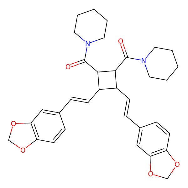 2D Structure of [2,3-Bis[2-(1,3-benzodioxol-5-yl)ethenyl]-4-(piperidine-1-carbonyl)cyclobutyl]-piperidin-1-ylmethanone