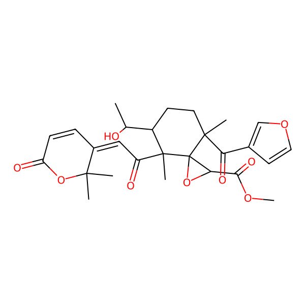 2D Structure of methyl (2S,3R,4R,5S,8R)-4-[(2E)-2-(2,2-dimethyl-6-oxopyran-3-ylidene)acetyl]-8-(furan-3-carbonyl)-5-[(1R)-1-hydroxyethyl]-4,8-dimethyl-1-oxaspiro[2.5]octane-2-carboxylate