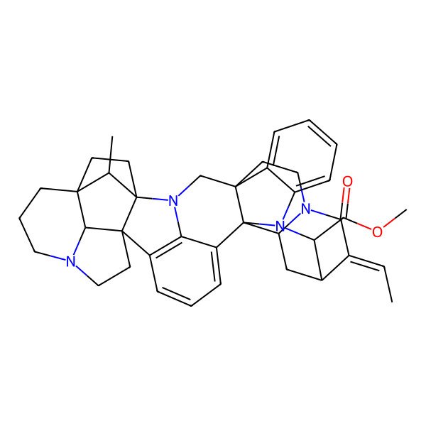 2D Structure of methyl (1R,4S,7S,14R,20R,21S,24E,25S,26S,38S,39S)-24-ethylidene-39-methyl-3,11,22,27-tetrazadodecacyclo[20.11.2.13,15.14,7.17,11.121,25.01,20.04,14.020,27.028,33.014,38.019,37]nonatriaconta-15(37),16,18,28,30,32-hexaene-26-carboxylate