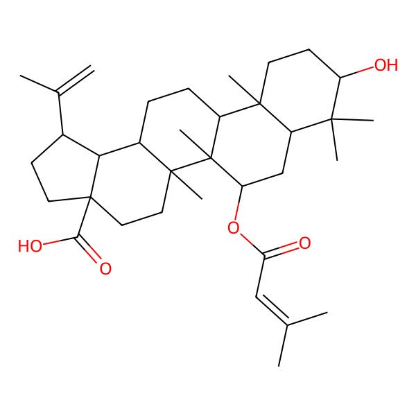 2D Structure of 9-Hydroxy-5a,5b,8,8,11a-pentamethyl-6-(3-methylbut-2-enoyloxy)-1-prop-1-en-2-yl-1,2,3,4,5,6,7,7a,9,10,11,11b,12,13,13a,13b-hexadecahydrocyclopenta[a]chrysene-3a-carboxylic acid