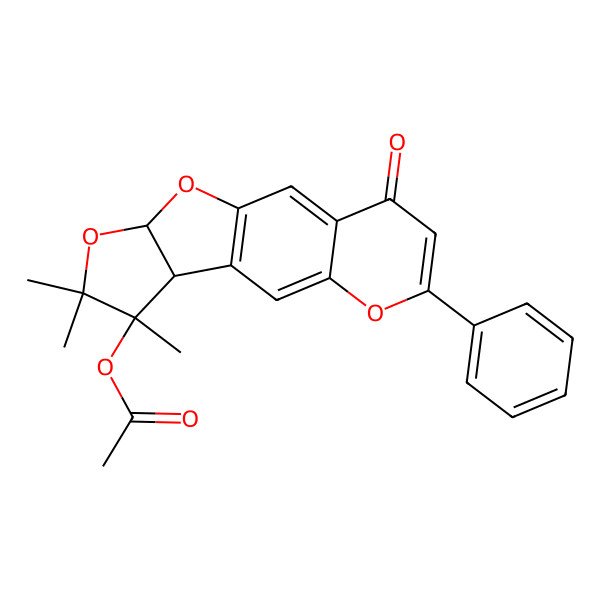 2D Structure of (12,13,13-Trimethyl-4-oxo-6-phenyl-7,14,16-trioxatetracyclo[8.6.0.03,8.011,15]hexadeca-1(10),2,5,8-tetraen-12-yl) acetate