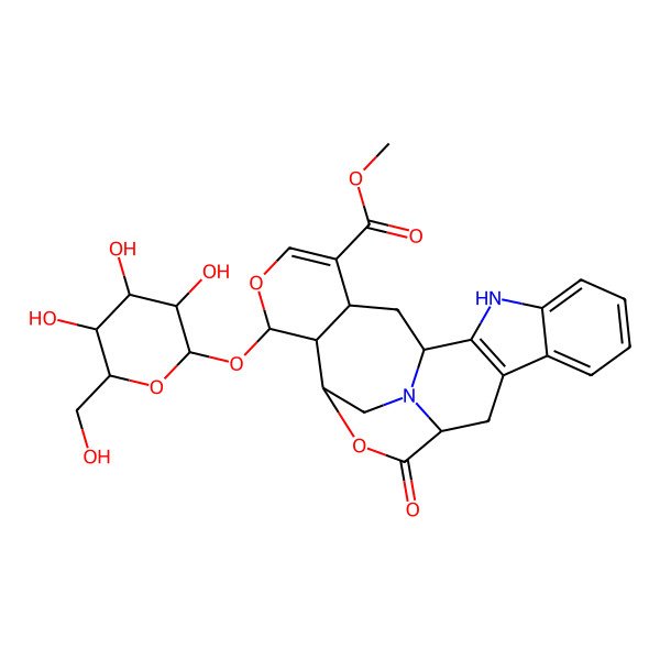 2D Structure of Methyl 13-oxo-17-[3,4,5-trihydroxy-6-(hydroxymethyl)oxan-2-yl]oxy-14,18-dioxa-3,23-diazahexacyclo[13.7.2.02,10.04,9.012,23.016,21]tetracosa-2(10),4,6,8,19-pentaene-20-carboxylate