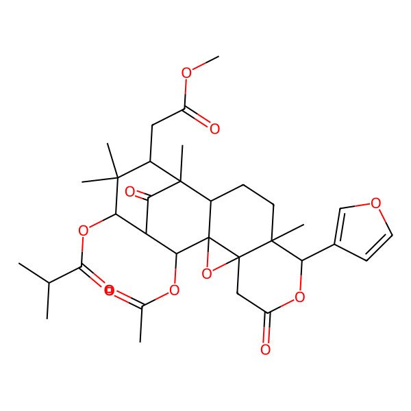 2D Structure of [(1S,2R,5S,6S,10S,12S,13R,14R,15R,17S)-13-acetyloxy-6-(furan-3-yl)-17-(2-methoxy-2-oxoethyl)-1,5,16,16-tetramethyl-8,18-dioxo-7,11-dioxapentacyclo[12.3.1.02,12.05,10.010,12]octadecan-15-yl] 2-methylpropanoate