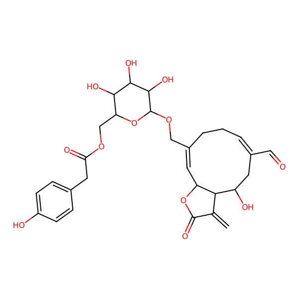 2D Structure of [6-[(6-Formyl-4-hydroxy-3-methylidene-2-oxo-3a,4,5,8,9,11a-hexahydrocyclodeca[b]furan-10-yl)methoxy]-3,4,5-trihydroxyoxan-2-yl]methyl 2-(4-hydroxyphenyl)acetate