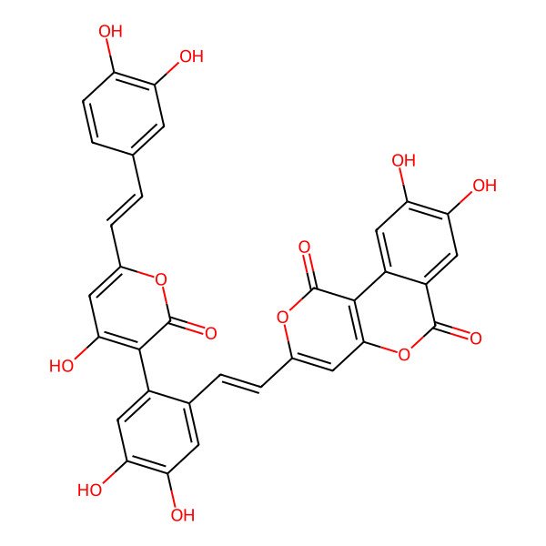 2D Structure of 3-[2-[2-[6-[2-(3,4-Dihydroxyphenyl)ethenyl]-4-hydroxy-2-oxopyran-3-yl]-4,5-dihydroxyphenyl]ethenyl]-8,9-dihydroxypyrano[4,3-c]isochromene-1,6-dione