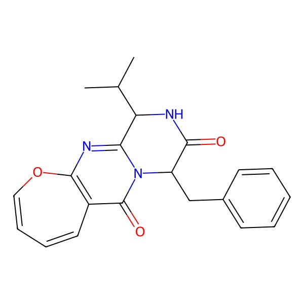 2D Structure of 7-Benzyl-4-propan-2-yl-15-oxa-2,5,8-triazatricyclo[8.5.0.03,8]pentadeca-1(10),2,11,13-tetraene-6,9-dione
