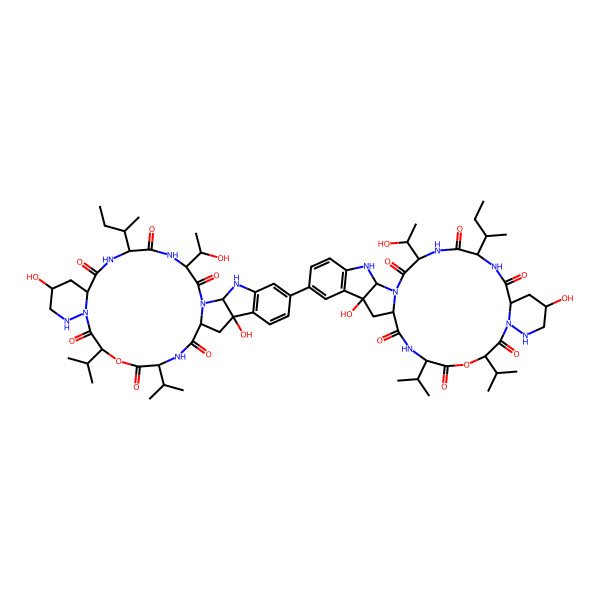 2D Structure of (1S,4R,7S,12R,14S,17S,20S,23S,31R)-17-[(2R)-butan-2-yl]-27-[(1S,4R,7R,12R,14R,17S,20S,23S,31R)-17-[(2S)-butan-2-yl]-12,31-dihydroxy-20-[(1R)-1-hydroxyethyl]-2,5,8,15,18,21-hexaoxo-4,7-di(propan-2-yl)-6-oxa-3,9,10,16,19,22,24-heptazapentacyclo[20.10.0.09,14.023,31.025,30]dotriaconta-25(30),26,28-trien-28-yl]-12,31-dihydroxy-20-[(1S)-1-hydroxyethyl]-4,7-di(propan-2-yl)-6-oxa-3,9,10,16,19,22,24-heptazapentacyclo[20.10.0.09,14.023,31.025,30]dotriaconta-25(30),26,28-triene-2,5,8,15,18,21-hexone