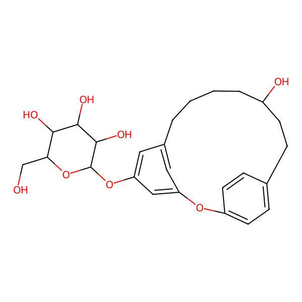 2D Structure of (2R,3S,4S,5R,6S)-2-(hydroxymethyl)-6-[[(12S)-12-hydroxy-2-oxatricyclo[13.2.2.13,7]icosa-1(17),3,5,7(20),15,18-hexaen-5-yl]oxy]oxane-3,4,5-triol