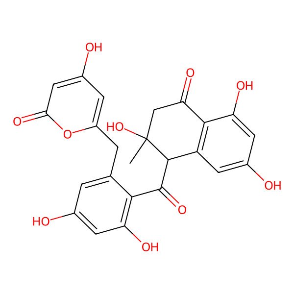2D Structure of 6-[[3,5-dihydroxy-2-[(1S,2R)-2,5,7-trihydroxy-2-methyl-4-oxo-1,3-dihydronaphthalene-1-carbonyl]phenyl]methyl]-4-hydroxypyran-2-one