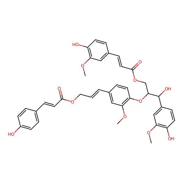 2D Structure of [(E)-3-[4-[(1R,2S)-1-hydroxy-1-(4-hydroxy-3-methoxyphenyl)-3-[(E)-3-(4-hydroxy-3-methoxyphenyl)prop-2-enoyl]oxypropan-2-yl]oxy-3-methoxyphenyl]prop-2-enyl] (E)-3-(4-hydroxyphenyl)prop-2-enoate