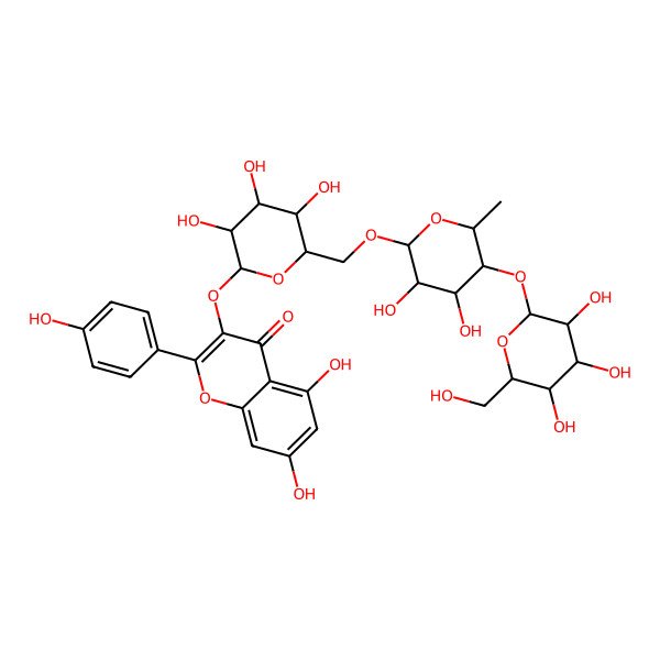 2D Structure of 3-[(2S,3R,4S,5R,6R)-6-[[(2R,3R,4S,5R,6S)-3,4-dihydroxy-6-methyl-5-[(2S,3R,4S,5S,6R)-3,4,5-trihydroxy-6-(hydroxymethyl)oxan-2-yl]oxyoxan-2-yl]oxymethyl]-3,4,5-trihydroxyoxan-2-yl]oxy-5,7-dihydroxy-2-(4-hydroxyphenyl)chromen-4-one