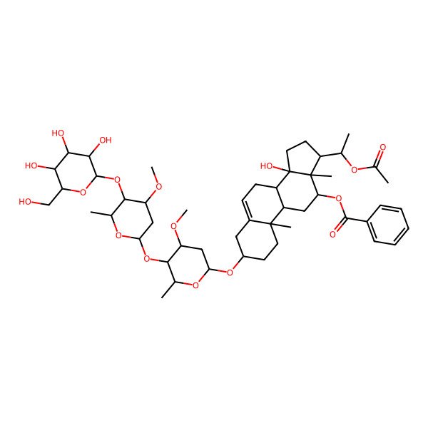 2D Structure of [(3S,8R,9S,10R,12R,13S,14S,17S)-17-[(1R)-1-acetyloxyethyl]-14-hydroxy-3-[(2R,4S,5R,6R)-4-methoxy-5-[(2S,4S,5R,6R)-4-methoxy-6-methyl-5-[(2S,3R,4S,5R,6R)-3,4,5-trihydroxy-6-(hydroxymethyl)oxan-2-yl]oxyoxan-2-yl]oxy-6-methyloxan-2-yl]oxy-10,13-dimethyl-1,2,3,4,7,8,9,11,12,15,16,17-dodecahydrocyclopenta[a]phenanthren-12-yl] benzoate