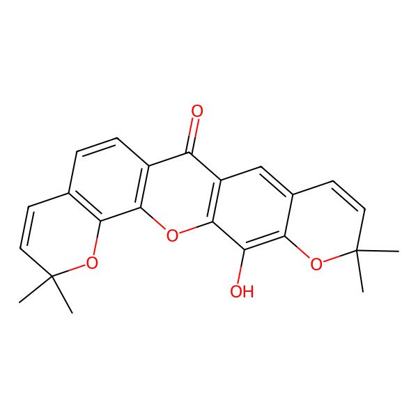 2D Structure of 22-Hydroxy-6,6,19,19-tetramethyl-2,5,20-trioxapentacyclo[12.8.0.03,12.04,9.016,21]docosa-1(14),3(12),4(9),7,10,15,17,21-octaen-13-one