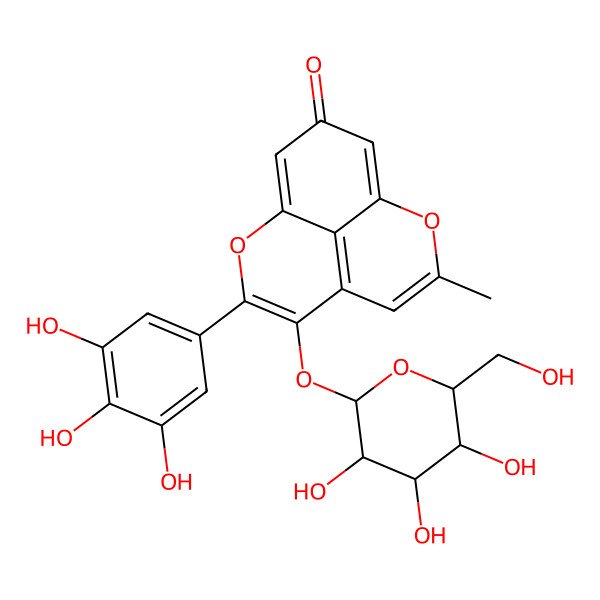 2D Structure of 7-Methyl-4-[3,4,5-trihydroxy-6-(hydroxymethyl)oxan-2-yl]oxy-3-(3,4,5-trihydroxyphenyl)-2,8-dioxatricyclo[7.3.1.05,13]trideca-1(12),3,5(13),6,9-pentaen-11-one
