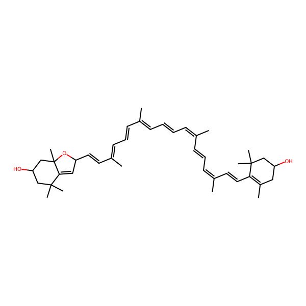 2D Structure of (2S,6S,7aR)-2-[(1E,3E,5E,7E,9E,11E,13E,15E,17E)-18-[(4R)-4-hydroxy-2,6,6-trimethylcyclohexen-1-yl]-3,7,12,16-tetramethyloctadeca-1,3,5,7,9,11,13,15,17-nonaenyl]-4,4,7a-trimethyl-2,5,6,7-tetrahydro-1-benzofuran-6-ol