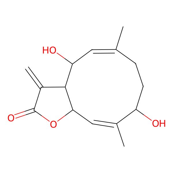 2D Structure of (3aS,4R,5E,9R,10Z,11aS)-4,9-dihydroxy-6,10-dimethyl-3-methylidene-3a,4,7,8,9,11a-hexahydrocyclodeca[b]furan-2-one