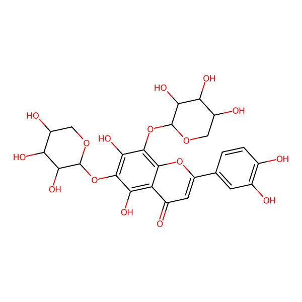 2D Structure of 2-(3,4-dihydroxyphenyl)-5,7-dihydroxy-6,8-bis[[(2S,3R,4S,5S)-3,4,5-trihydroxyoxan-2-yl]oxy]chromen-4-one
