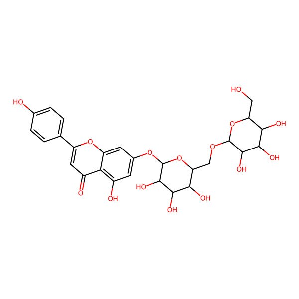 2D Structure of 5-hydroxy-2-(4-hydroxyphenyl)-7-[(3R,4S,5S,6R)-3,4,5-trihydroxy-6-[[(3S,4R,5R,6S)-3,4,5-trihydroxy-6-(hydroxymethyl)oxan-2-yl]oxymethyl]oxan-2-yl]oxychromen-4-one