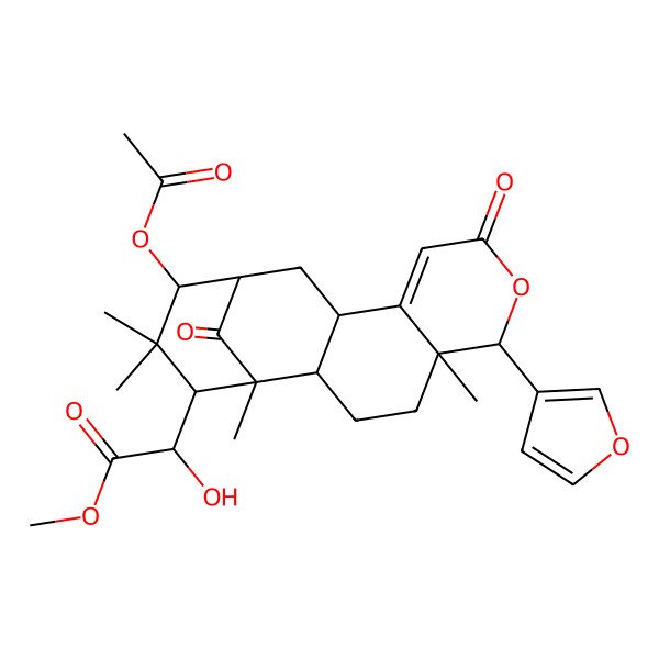 2D Structure of methyl 2-[(1R,2S,5R,6R,11R,13S,14R,16S)-14-acetyloxy-6-(furan-3-yl)-1,5,15,15-tetramethyl-8,17-dioxo-7-oxatetracyclo[11.3.1.02,11.05,10]heptadec-9-en-16-yl]-2-hydroxyacetate