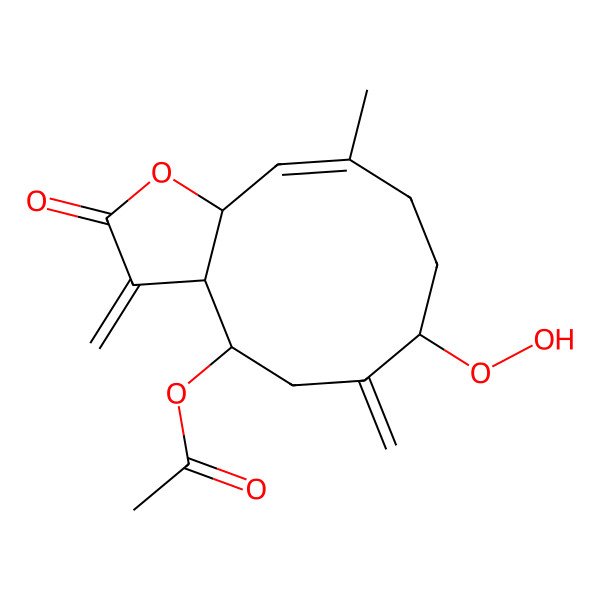 2D Structure of [(3aR,4R,7R,10E,11aR)-7-hydroperoxy-10-methyl-3,6-dimethylidene-2-oxo-4,5,7,8,9,11a-hexahydro-3aH-cyclodeca[b]furan-4-yl] acetate