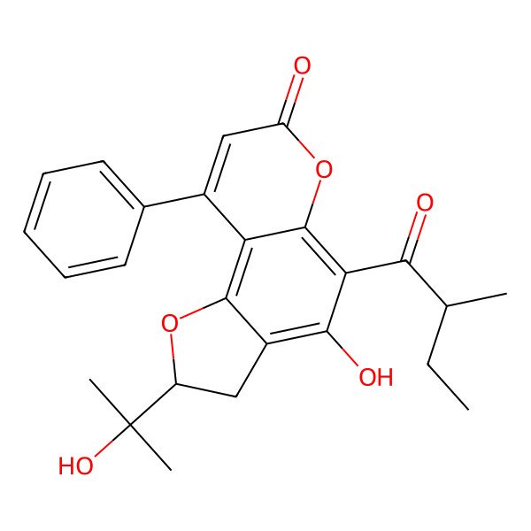 2D Structure of (2S)-4-hydroxy-2-(2-hydroxypropan-2-yl)-5-[(2S)-2-methylbutanoyl]-9-phenyl-2,3-dihydrofuro[2,3-f]chromen-7-one