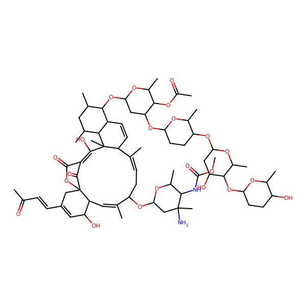 2D Structure of [6-[[9-[4-Amino-5-(methoxycarbonylamino)-4,6-dimethyloxan-2-yl]oxy-5,23-dihydroxy-8,12,18,20,22-pentamethyl-25,27-dioxo-3-(3-oxobut-1-enyl)-26-oxapentacyclo[22.2.1.01,6.013,22.016,21]heptacosa-3,7,11,14,23-pentaen-17-yl]oxy]-4-[5-[4-hydroxy-5-(5-hydroxy-6-methyloxan-2-yl)oxy-6-methyloxan-2-yl]oxy-6-methyloxan-2-yl]oxy-2-methyloxan-3-yl] acetate