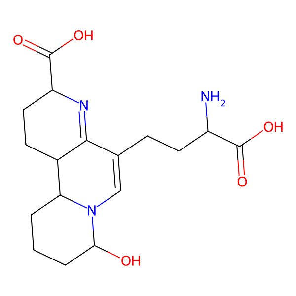 2D Structure of (3R,8S,11aR,11bR)-5-[(3R)-3-amino-3-carboxypropyl]-8-hydroxy-2,3,8,9,10,11,11a,11b-octahydro-1H-pyrido[2,1-f][1,6]naphthyridine-3-carboxylic acid