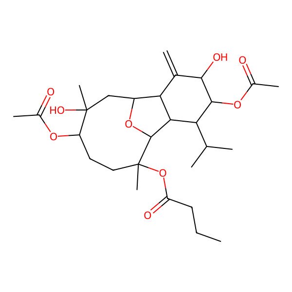 2D Structure of [(1R,2R,4R,5S,6S,7R,8R,9R,12S,13S)-5,12-diacetyloxy-4,13-dihydroxy-9,13-dimethyl-3-methylidene-6-propan-2-yl-15-oxatricyclo[6.6.1.02,7]pentadecan-9-yl] butanoate