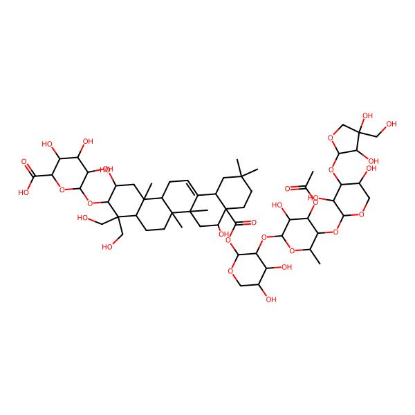2D Structure of (2S,3S,4S,5R,6R)-6-[[(2S,3R,4aR,6aR,6bS,8R,8aR,12aS,14aR,14bR)-8a-[(2S,3R,4S,5S)-3-[(2S,3R,4S,5S,6S)-4-acetyloxy-5-[(2S,3R,4S,5R)-4-[(2S,3R,4R)-3,4-dihydroxy-4-(hydroxymethyl)oxolan-2-yl]oxy-3,5-dihydroxyoxan-2-yl]oxy-3-hydroxy-6-methyloxan-2-yl]oxy-4,5-dihydroxyoxan-2-yl]oxycarbonyl-2,8-dihydroxy-4,4-bis(hydroxymethyl)-6a,6b,11,11,14b-pentamethyl-1,2,3,4a,5,6,7,8,9,10,12,12a,14,14a-tetradecahydropicen-3-yl]oxy]-3,4,5-trihydroxyoxane-2-carboxylic acid
