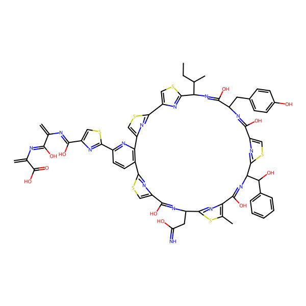 2D Structure of 2-[[2-[[[2-[(18S,25S,32S,35S)-35-[(2S)-butan-2-yl]-16,23,30,33-tetrahydroxy-18-(2-hydroxy-2-iminoethyl)-25-[(R)-hydroxy(phenyl)methyl]-32-[(4-hydroxyphenyl)methyl]-21-methyl-3,13,20,27,37-pentathia-7,17,24,31,34,39,40,41,42,43-decazaheptacyclo[34.2.1.12,5.112,15.119,22.126,29.06,11]tritetraconta-1(38),2(43),4,6(11),7,9,12(42),14,16,19(41),21,23,26(40),28,30,33,36(39)-heptadecaen-8-yl]-1,3-thiazol-4-yl]-hydroxymethylidene]amino]-1-hydroxyprop-2-enylidene]amino]prop-2-enoic acid