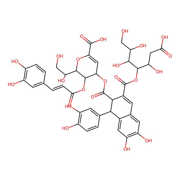 2D Structure of 4-[3-(1-carboxy-2,4,5,6-tetrahydroxyhexan-3-yl)oxycarbonyl-1-(3,4-dihydroxyphenyl)-6,7-dihydroxy-1,2-dihydronaphthalene-2-carbonyl]oxy-2-(1,2-dihydroxyethyl)-3-[3-(3,4-dihydroxyphenyl)prop-2-enoyloxy]-3,4-dihydro-2H-pyran-6-carboxylic acid