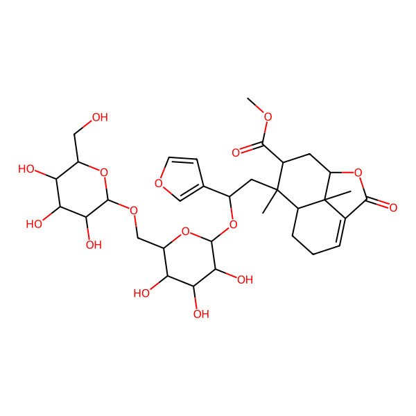 2D Structure of Methyl 9-[2-(furan-3-yl)-2-[3,4,5-trihydroxy-6-[[3,4,5-trihydroxy-6-(hydroxymethyl)oxan-2-yl]oxymethyl]oxan-2-yl]oxyethyl]-9,12-dimethyl-3-oxo-2-oxatricyclo[6.3.1.04,12]dodec-4-ene-10-carboxylate