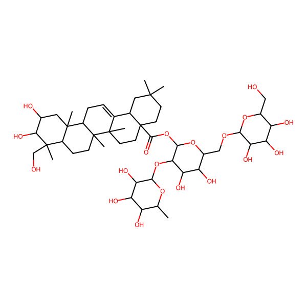 2D Structure of [(2S,3R,4S,5S,6R)-4,5-dihydroxy-6-[[(2R,3R,4S,5S,6R)-3,4,5-trihydroxy-6-(hydroxymethyl)oxan-2-yl]oxymethyl]-3-[(2S,3R,4R,5R,6S)-3,4,5-trihydroxy-6-methyloxan-2-yl]oxyoxan-2-yl] (4aS,6aR,6aS,6bR,8aR,9R,10R,11S,12aR,14bS)-10,11-dihydroxy-9-(hydroxymethyl)-2,2,6a,6b,9,12a-hexamethyl-1,3,4,5,6,6a,7,8,8a,10,11,12,13,14b-tetradecahydropicene-4a-carboxylate