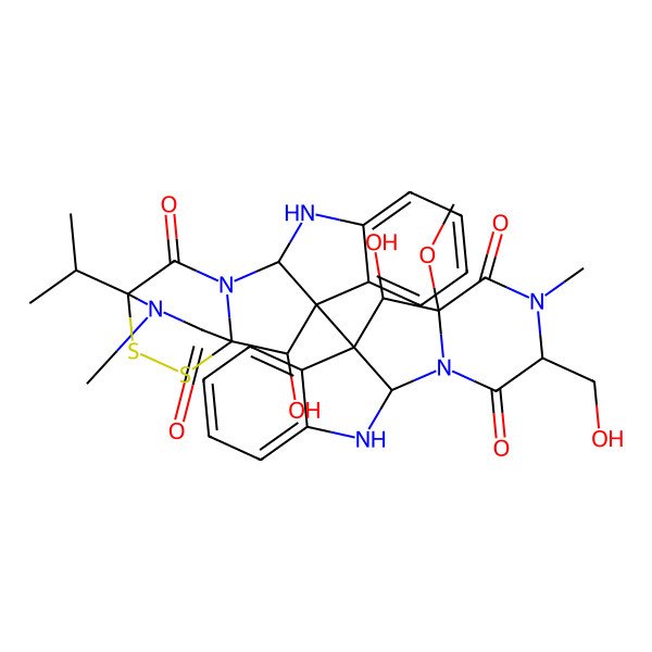 2D Structure of 2-Hydroxy-3-[8-hydroxy-4-(hydroxymethyl)-7-methoxy-5-methyl-3,6-dioxo-2,5,16-triazatetracyclo[7.7.0.02,7.010,15]hexadeca-10,12,14-trien-9-yl]-18-methyl-14-propan-2-yl-15,16-dithia-10,12,18-triazapentacyclo[12.2.2.01,12.03,11.04,9]octadeca-4,6,8-triene-13,17-dione