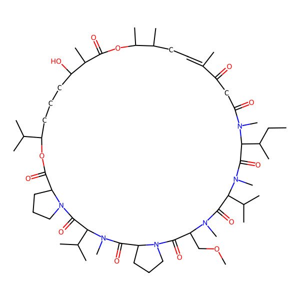 2D Structure of (3S,6S,12S,15S,18S,23E,26S,27R,30R,31R,35S,38S)-18-[(2S)-butan-2-yl]-31-hydroxy-12-(methoxymethyl)-4,13,16,19,23,26,27,30-octamethyl-3,15,35-tri(propan-2-yl)-28,36-dioxa-1,4,10,13,16,19-hexazatricyclo[36.3.0.06,10]hentetracont-23-ene-2,5,11,14,17,20,22,29,37-nonone
