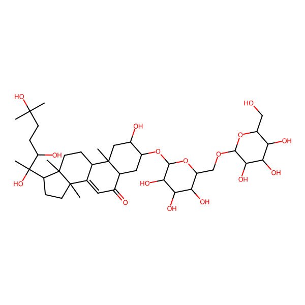 2D Structure of 2-hydroxy-10,13,14-trimethyl-17-(2,3,6-trihydroxy-6-methylheptan-2-yl)-3-[3,4,5-trihydroxy-6-[[3,4,5-trihydroxy-6-(hydroxymethyl)oxan-2-yl]oxymethyl]oxan-2-yl]oxy-2,3,4,5,9,11,12,15,16,17-decahydro-1H-cyclopenta[a]phenanthren-6-one