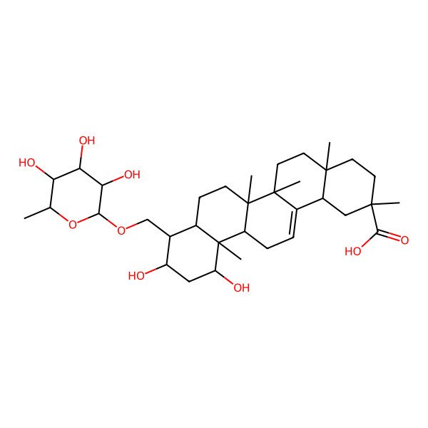 2D Structure of (2R,4aS,6aS,6aS,6bR,8aS,9R,10S,12S,12aS,14bS)-10,12-dihydroxy-2,4a,6a,6b,12a-pentamethyl-9-[[(2R,3R,4R,5R,6S)-3,4,5-trihydroxy-6-methyloxan-2-yl]oxymethyl]-3,4,5,6,6a,7,8,8a,9,10,11,12,13,14b-tetradecahydro-1H-picene-2-carboxylic acid