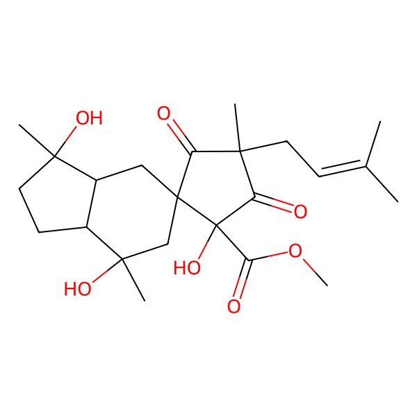 2D Structure of Methyl 1',3,7-trihydroxy-3,4',7-trimethyl-4'-(3-methylbut-2-enyl)-3',5'-dioxospiro[1,2,3a,4,6,7a-hexahydroindene-5,2'-cyclopentane]-1'-carboxylate