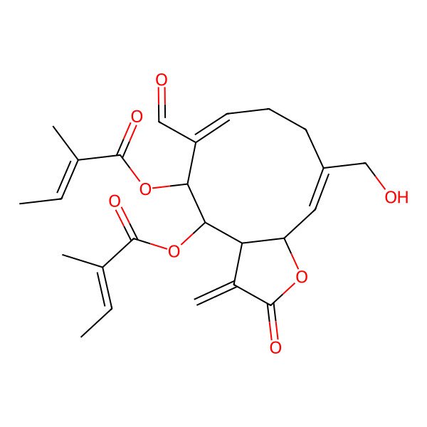 2D Structure of [6-Formyl-10-(hydroxymethyl)-5-(2-methylbut-2-enoyloxy)-3-methylidene-2-oxo-3a,4,5,8,9,11a-hexahydrocyclodeca[b]furan-4-yl] 2-methylbut-2-enoate