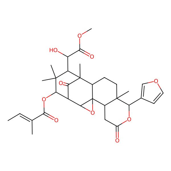 2D Structure of [(1R,2R,4S,5R,9R,10R,13R,14S,15S,17R)-9-(furan-3-yl)-15-[(1R)-1-hydroxy-2-methoxy-2-oxoethyl]-10,14,16,16-tetramethyl-7,18-dioxo-3,8-dioxapentacyclo[12.3.1.02,4.04,13.05,10]octadecan-17-yl] (E)-2-methylbut-2-enoate