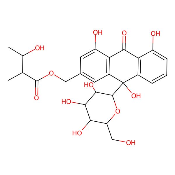2D Structure of [(9S)-4,5,9-trihydroxy-10-oxo-9-[(2R,3R,4S,5S,6R)-3,4,5-trihydroxy-6-(hydroxymethyl)oxan-2-yl]anthracen-2-yl]methyl (2R,3S)-3-hydroxy-2-methylbutanoate