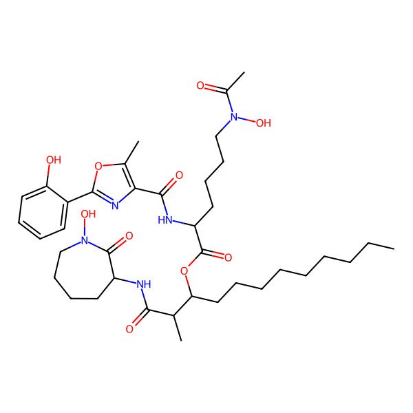 2D Structure of [1-[(1-Hydroxy-2-oxoazepan-3-yl)amino]-2-methyl-1-oxododecan-3-yl] 6-[acetyl(hydroxy)amino]-2-[[2-(2-hydroxyphenyl)-5-methyl-1,3-oxazole-4-carbonyl]amino]hexanoate